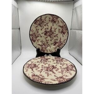 Wood & Sons England Rose Floral‎ Burgundy Transferware Plates Set of 2 6.75"